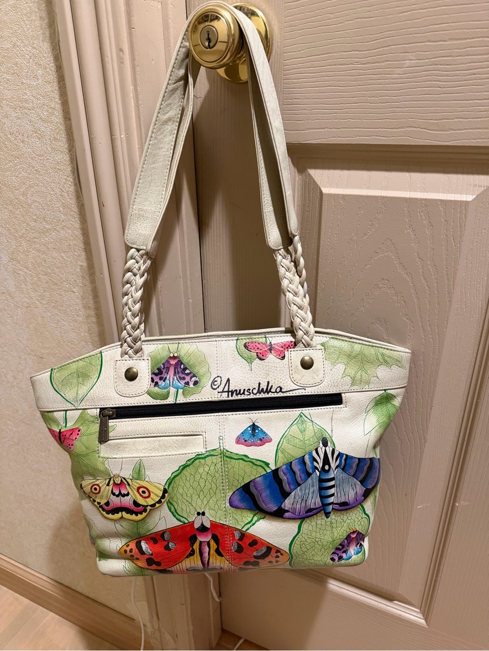 New Anuschka White Leather Shoulder Bag with Colorful Hand-Painted Moths